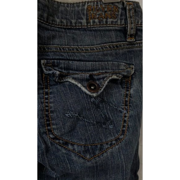 SILVER Womens CINDY 27x31 Low Rise Boot Cut Medium Wash Distressed Denim Jeans - Picture 13 of 14